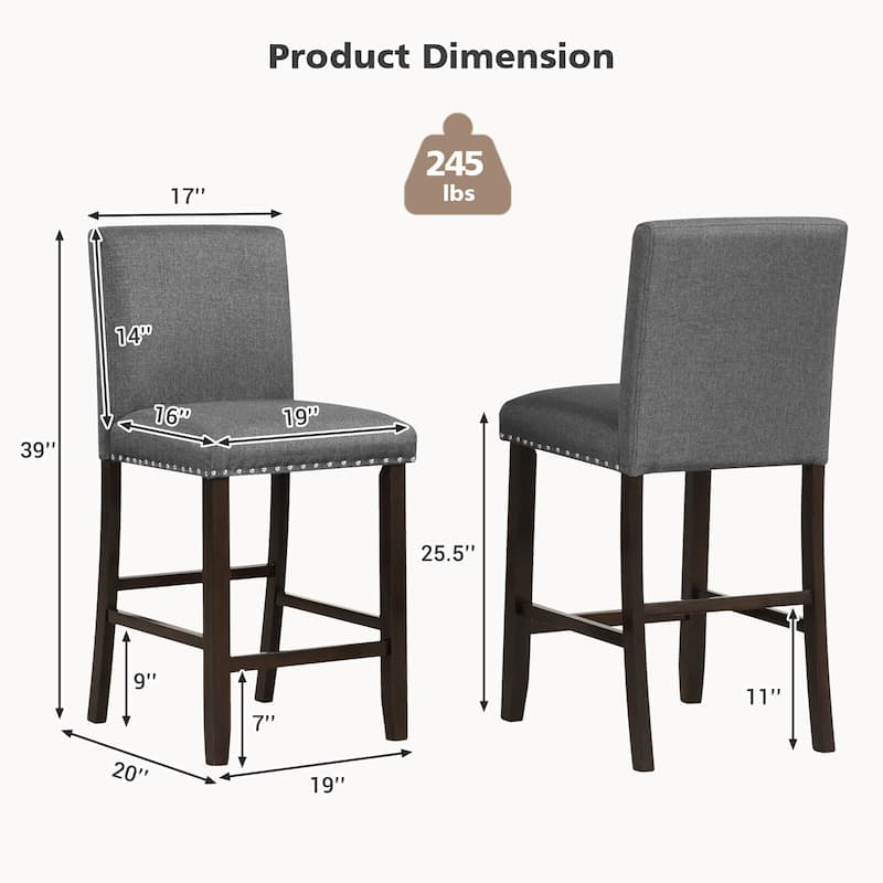 Gymax Set of 4 Bar Stools Linen Fabric Counter Height Chairs for