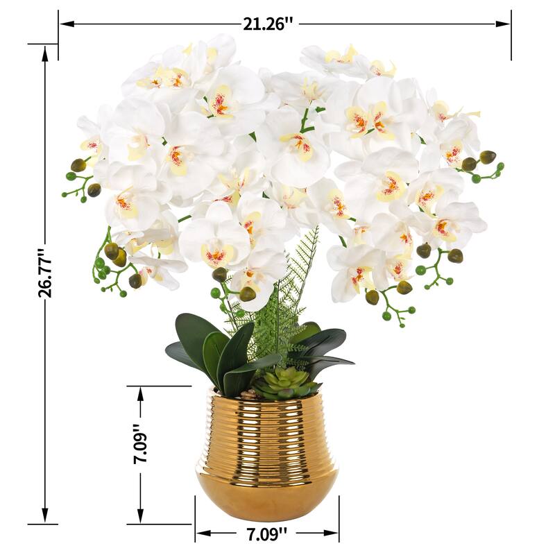 8 Stems Real Touch Artificial Silk Orchids in Gold-Plated Ceramic Pot for Home Office Decoration - 26.77" H x21.26" W x 21.26" D