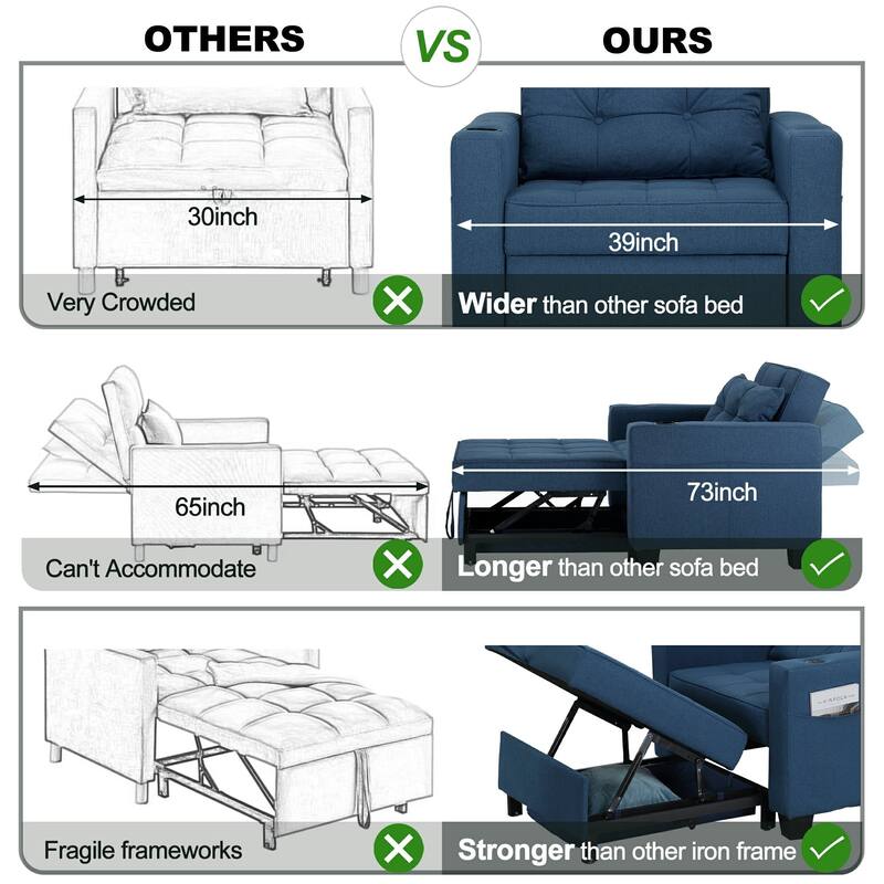 Pull Out Sofa Couch Bed Convertible Sleeper Sofa Bed with Storage Chaise, Sofa Couch