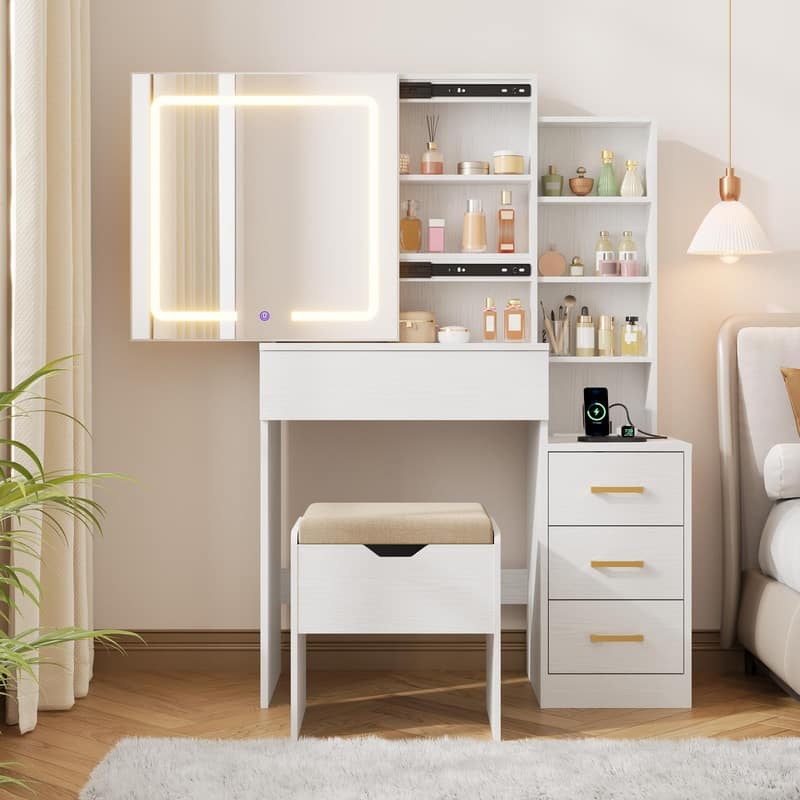Vanity Desk with Sliding Mirror, LED Lights, Storage Drawers, Charging Station, Stool