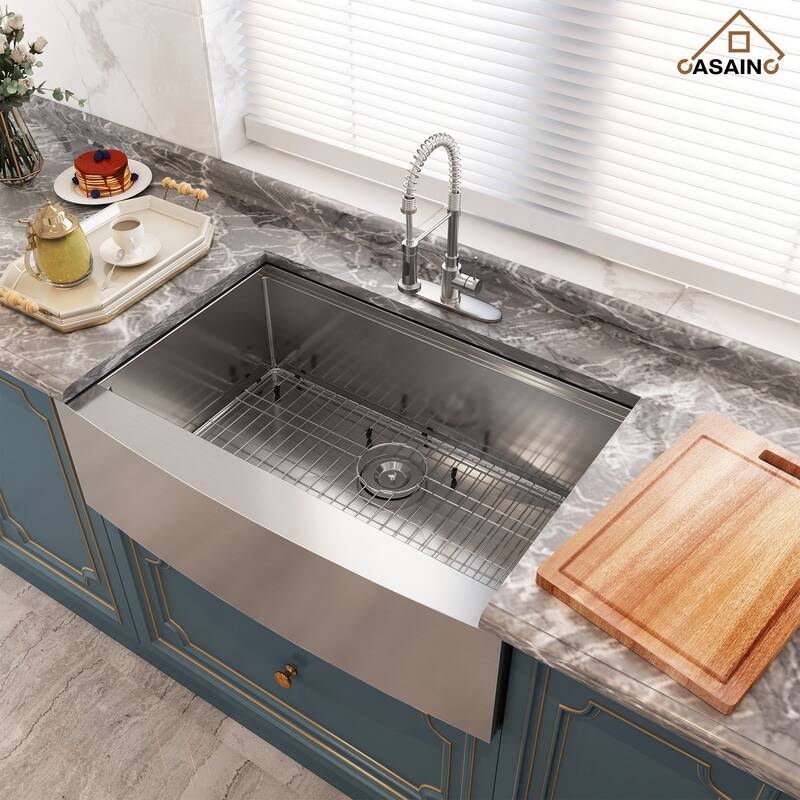 Farmhouse/Apron-Front Single Bowl 18 Gauge Brushed Stainless Steel Workstation Kitchen Sink with Accessories