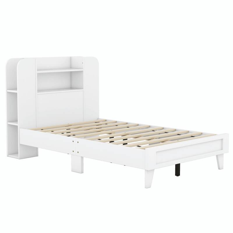 Platform Bed with Storage Headboard, Multiple Shelves on Both Sides