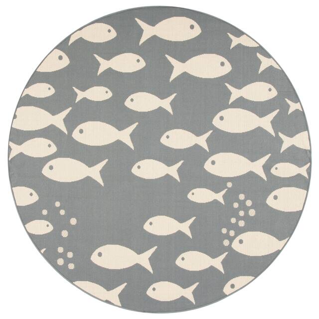 SAFAVIEH Courtyard Illa Indoor/ Outdoor Waterproof Patio Backyard Rug - 6'7" x 6'7" Round - Dark Grey/Beige
