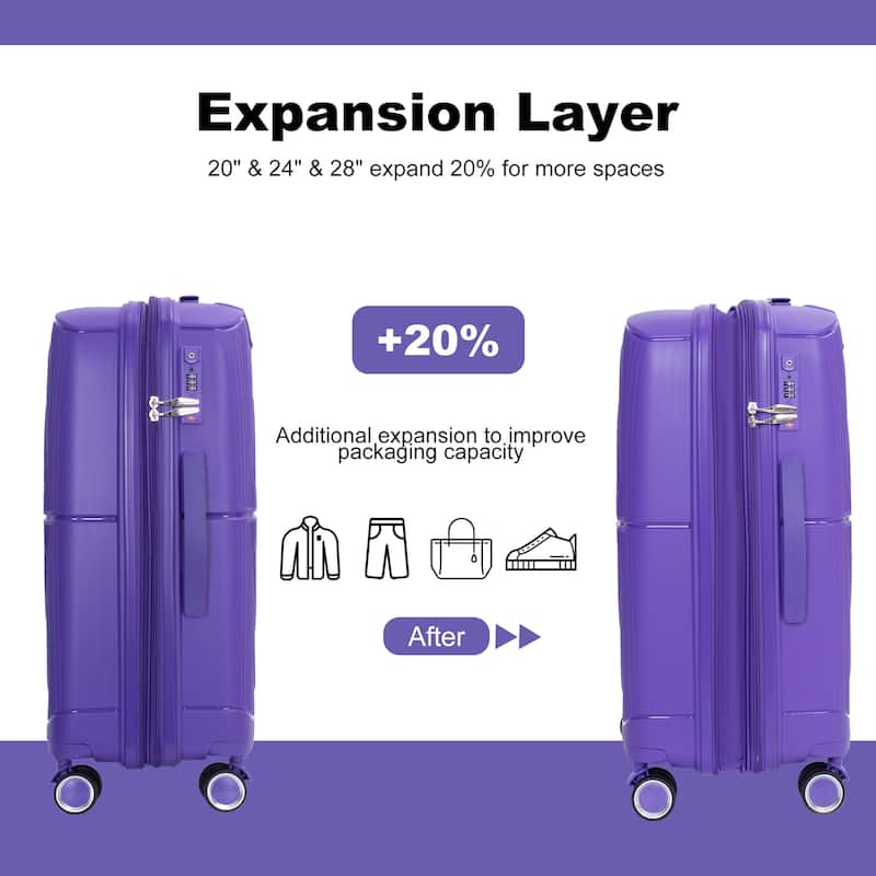 Expandable Hardshell Suitcase Double Spinner Wheels PP Luggage Sets with TSA Lock,3-Piece Set (20/24/28)