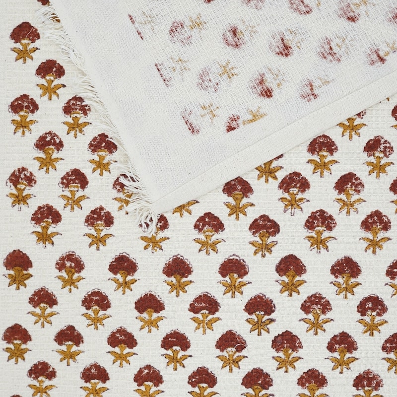 Fabdivine Honeycomb or Waffle Weave Hand Block Floral Print Hand Towel, Kitchen Gift Use - Strawberry- Dark Brown, Mustard - Set of 2