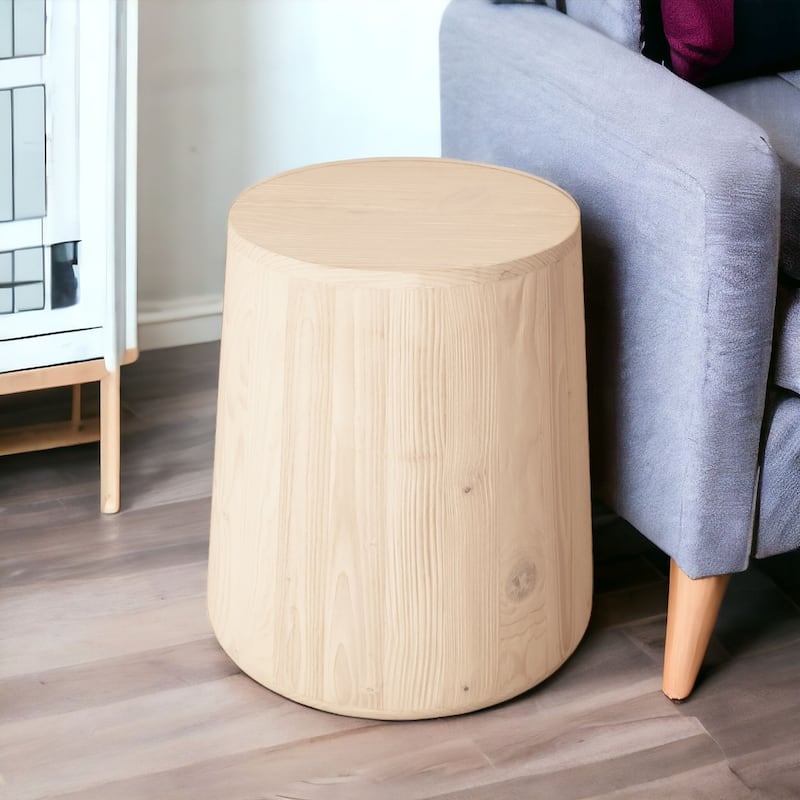 Solid Wood Round End Table with Drum Base Distressed Finish - 15.5” x 13” x 18.5” (D x W x H)