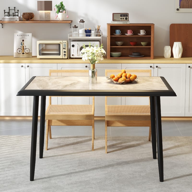 Sintered Stone Dining Table with Golden Metal Frame 4 Person Seating and Easy Maintenance - 44" x 28" x 30"