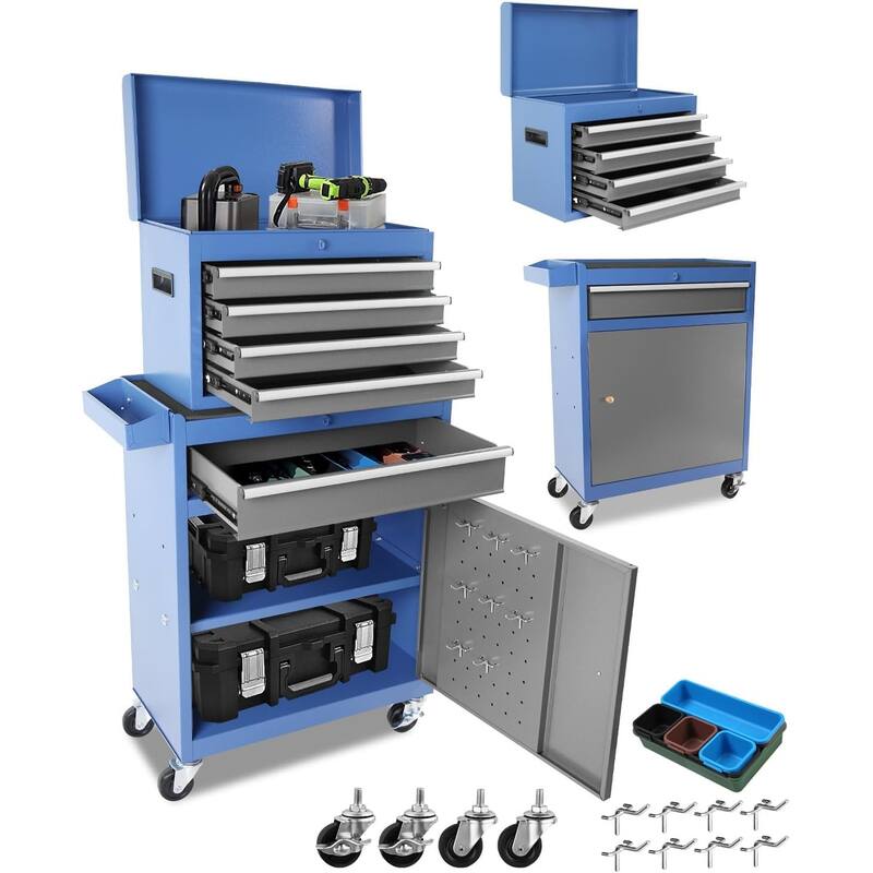 5 Drawer Detachable Tool Cabinet with Moving Wheel 2 Brakes, Tool Box - 5-Drawer - Grey/Blue