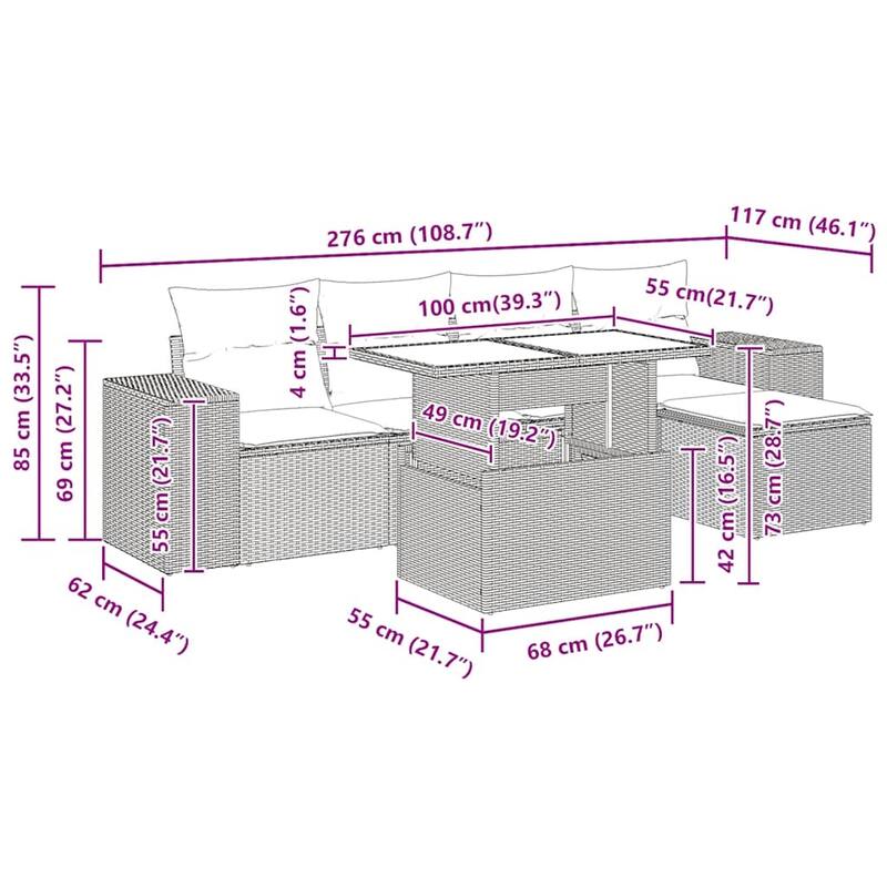 vidaXL Patio Sofa Set with Cushions Table and Couches 6 Piece Poly Rattan - 21.7 x 24.4 x 27.2