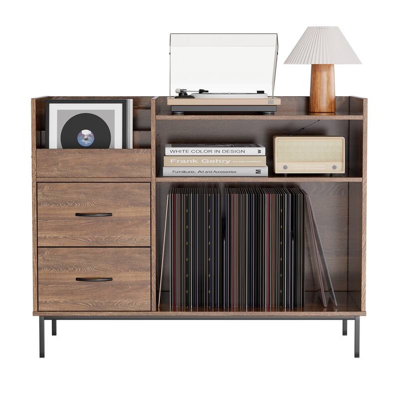 Record Player Stand with Power Outlet & Flip-Down Lid,Turntable Table with Storage,Media Console with 2 Drawers