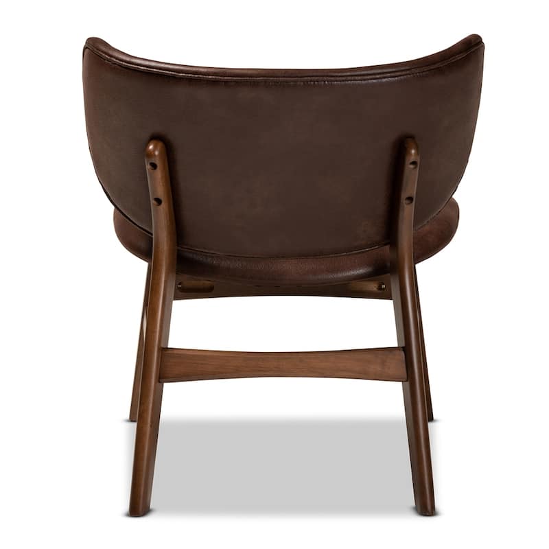 Marcos Mid-Century Modern Dark Brown Faux Leather Effect and Walnut Brown Finished Wood Living Room Accent Chair