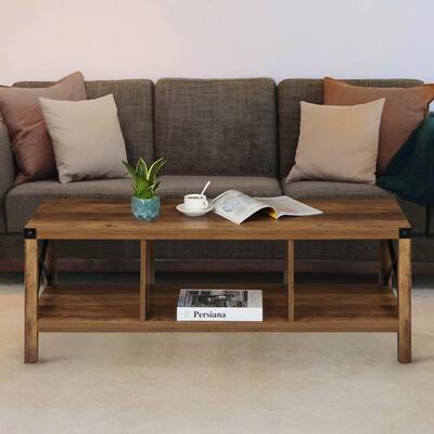 Anmytek 47 in Large Rustic Brown Rectangle Wood Coffee Table with Shelf