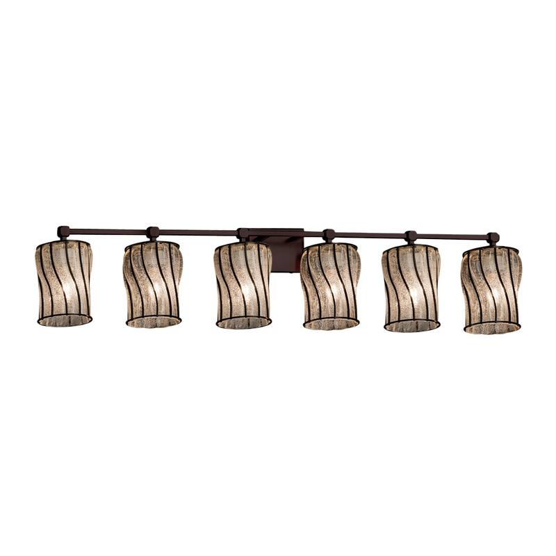Justice Design Wire Glass Tetra 6-light Dark Bronze Bath Bar, Swirl with Clear Bubbles Cylinder - Flat Rim Shade