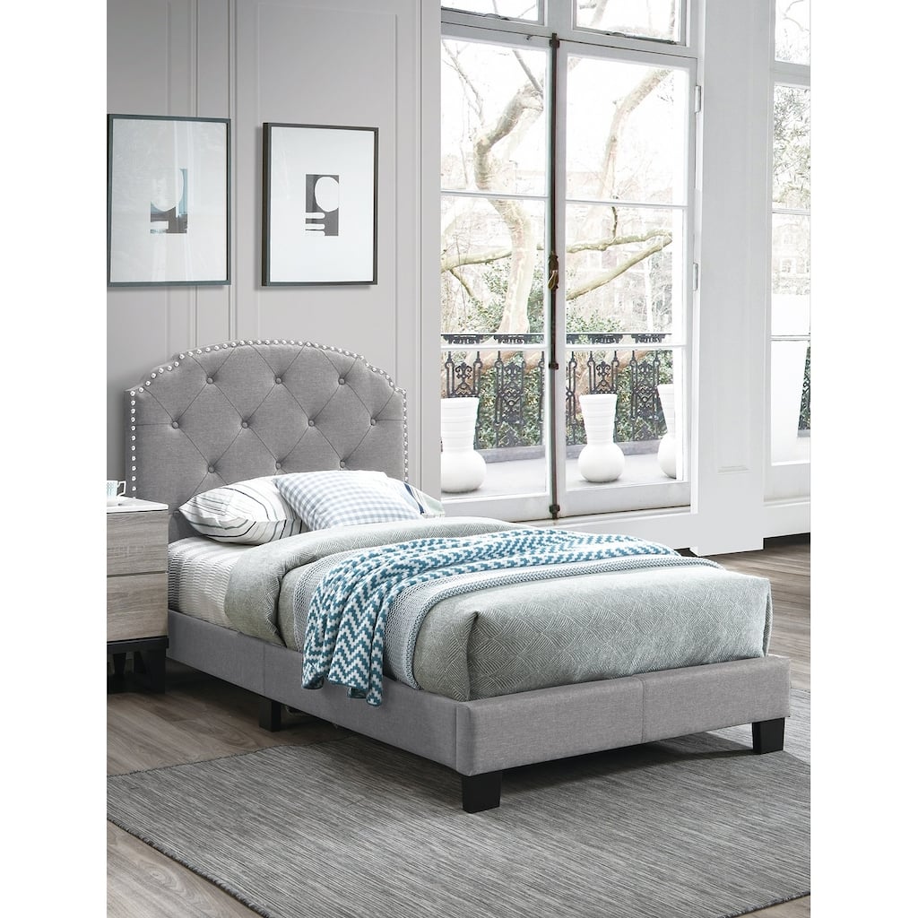 Light Gray Burlap Twin Bed with Nailhead Trim & Button Tufted Design!