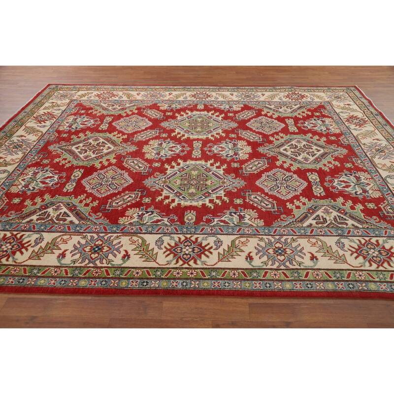 Hand Knotted Oriental 100% Wool Carpet Traditional Geometric Red Kazak Area Rug - 10' 0'' X 7' 11''