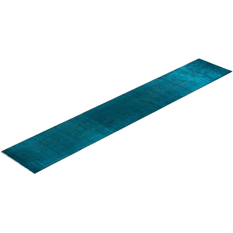 Overton Hand Knotted Wool Vintage Inspired Modern Contemporary Overdyed Blue Runner Rug - 3' 2" x 19' 10"