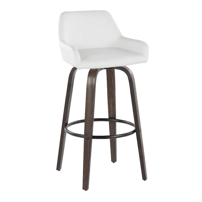 Porch & Den Galotti 30" Fixed-Height Bar Stool with Bent Wood Legs & Round Footrest (Set of 2) - White Faux Leather/Walnut Glazed/Black Metal