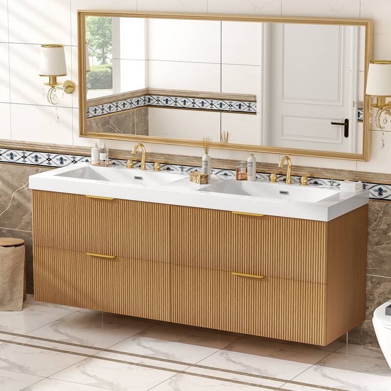 Floating Bathroom Vanity with Double Sink, Wall-Mounted Storage Vanity with 4 Drawers, SMC Integrated Basin - 59.3 Inch