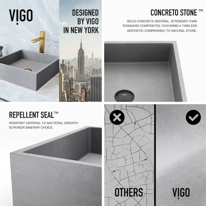VIGO Alhambra 15"L x 15"W x 5"H Concreto Stone Square Bathroom Vessel Sink