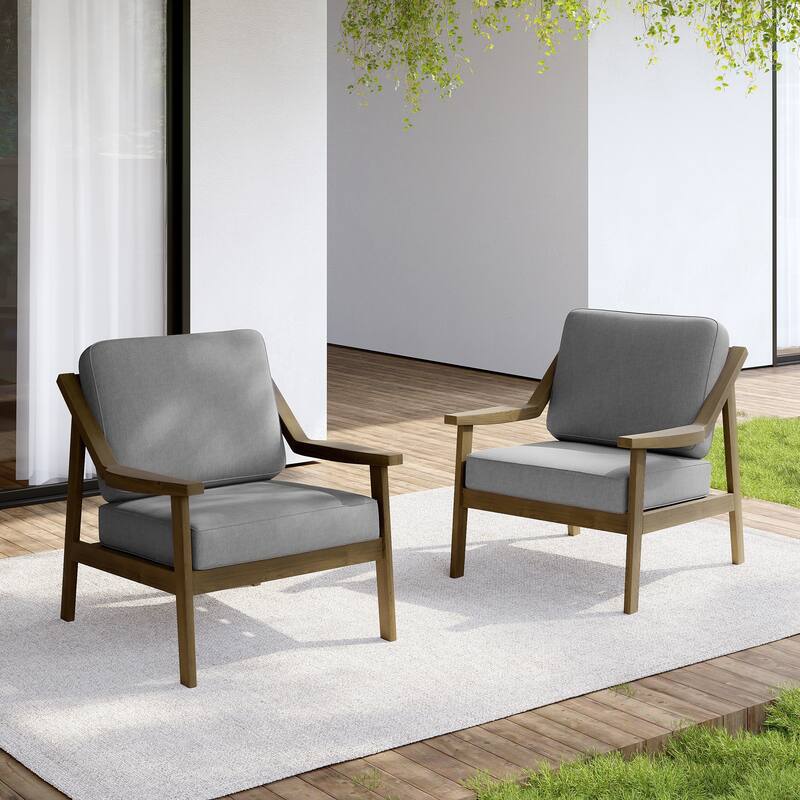 Set of 2 Outdoor Teak Wood Patio Chair with Cushion - Natural Wood - Grey