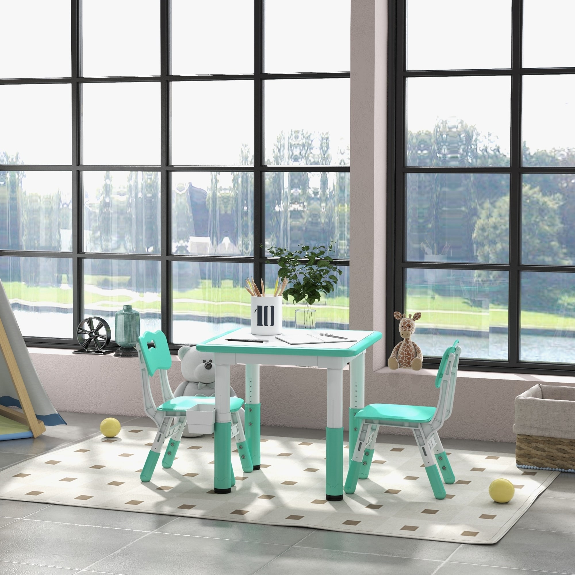 3pc Kids Table and Chairs, Height Adjustable and Storage