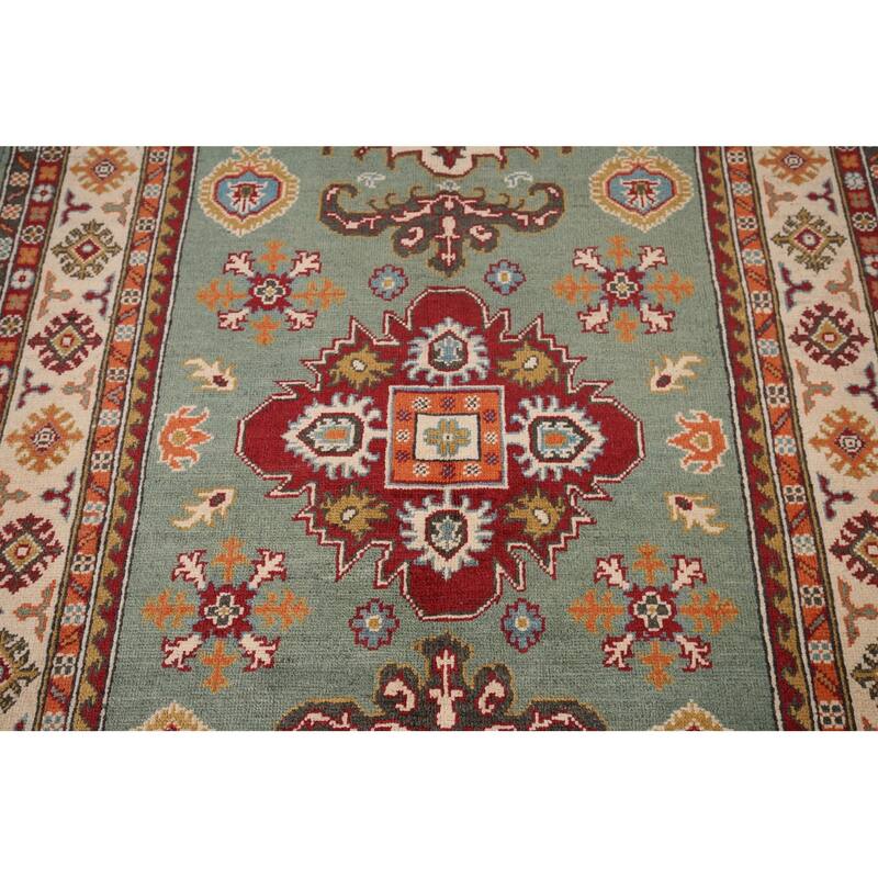 Hand Knotted Oriental 100% Wool Carpet Traditional Geometric Green Kazak Area Rug - 5' 10'' X 3' 11''