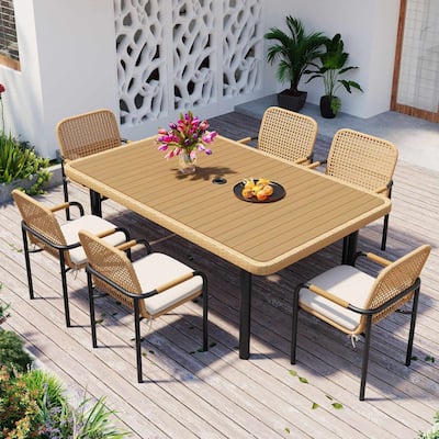 6 Piece Outdoor Patio Dining Set With Cushions And Rattan Chairs