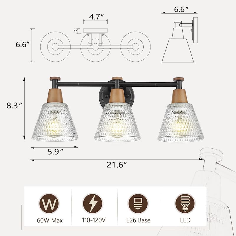3-Light Bathroom Vanity Lighting with Hammered Glass