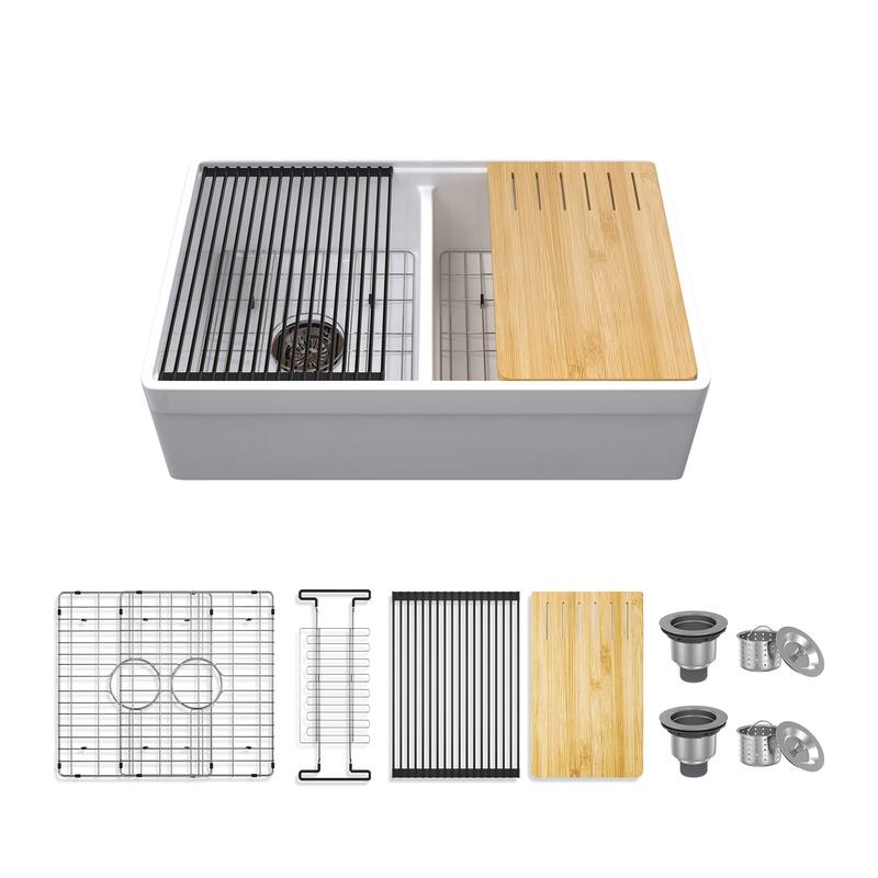 33 in. Farmhouse Double Bowl White Fireclay Workstation Kitchen Sink Complete Set - Drying Rack & Cutting Board Included