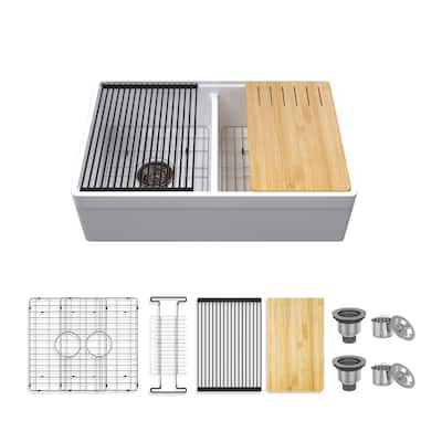 33 in. Farmhouse Double Bowl White Fireclay Workstation Kitchen Sink Complete Set - Drying Rack & Cutting Board Included