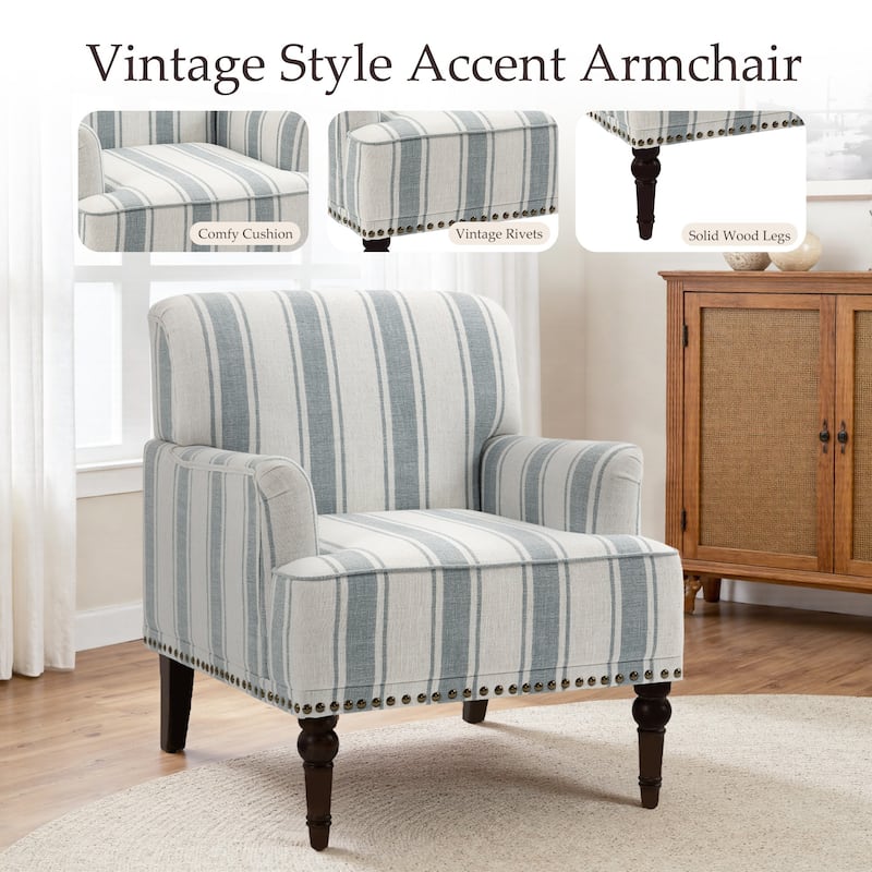 2 Set Linen Upholstered Armchairs Nailhead Trim Accent Chairs with Wooden Legs