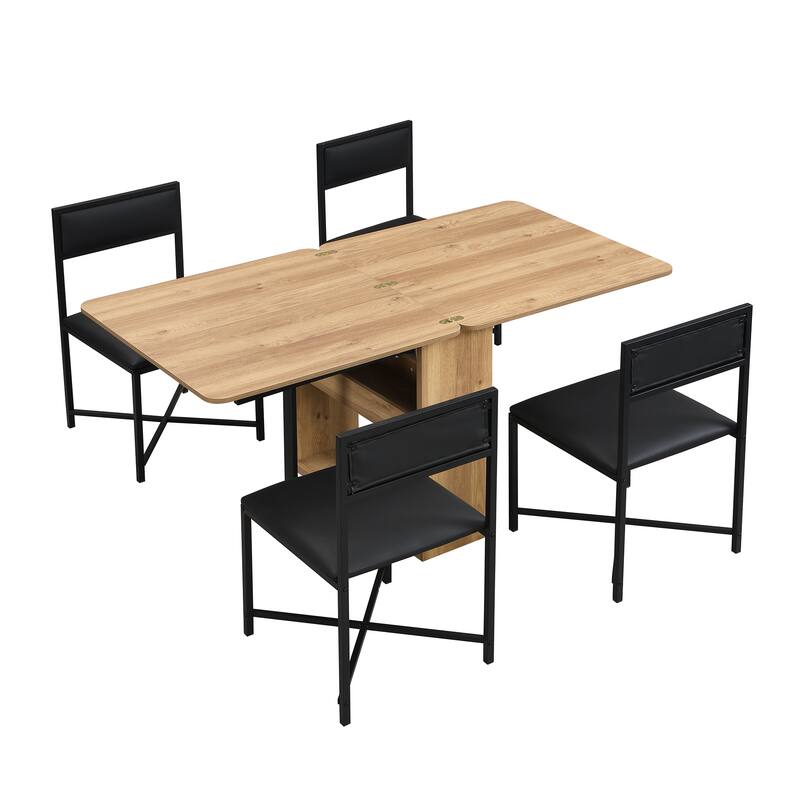 Modern 5-Piece Extendable Dining Table Set, 63" Kitchen Foldable Wooden Table with Lower Storage Shelf and 4 PU Leather Chairs