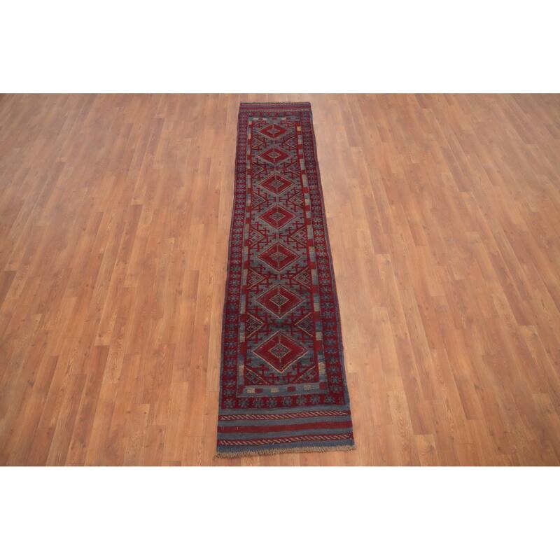 Hand Knotted Oriental 100% Wool Carpet Traditional Tribal Navy Blue & Blues Balouch Runner Rug - 8' 8'' X 1' 11''