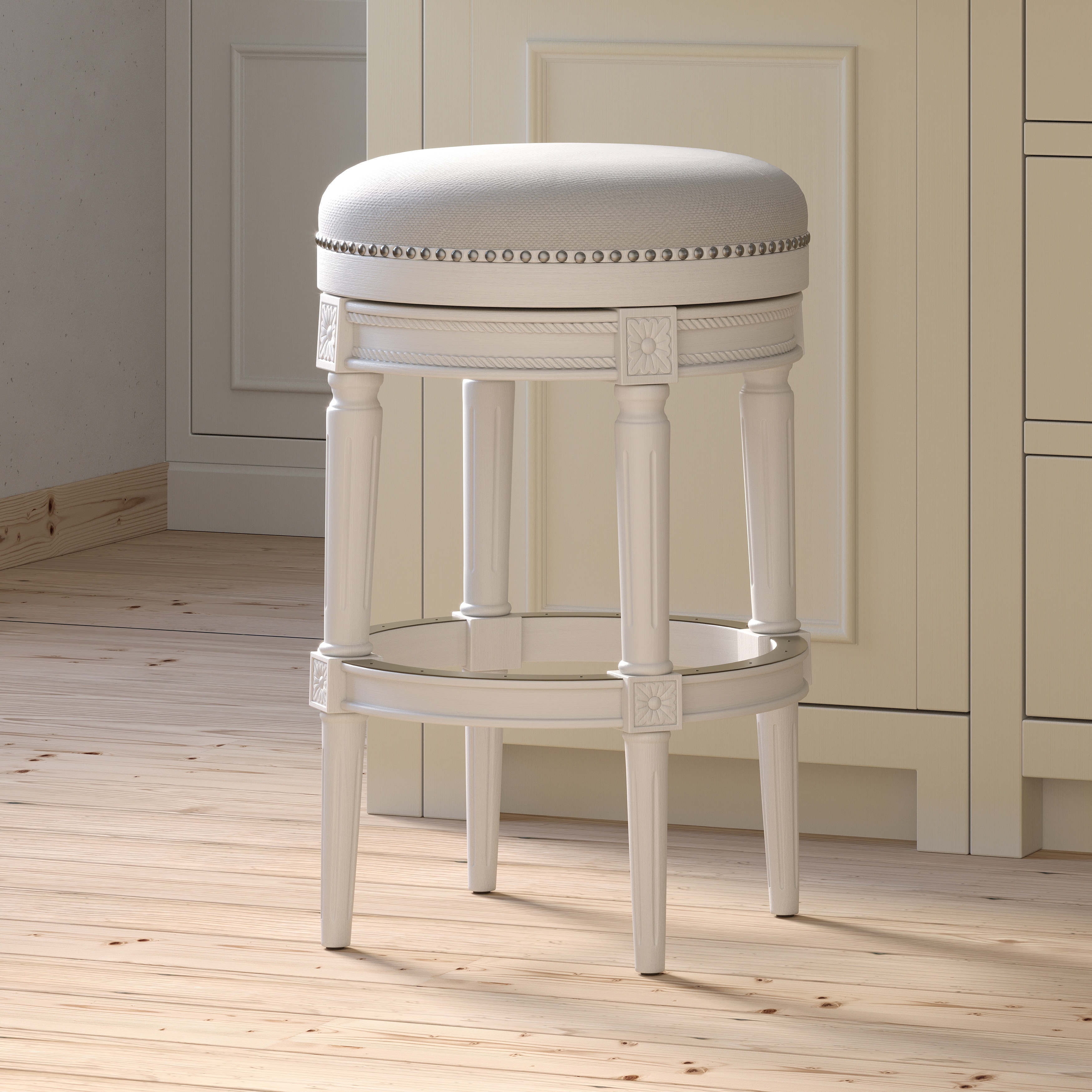 Classic 31" Swivel Upholstered Barstool, Wood Frame, 360° Faux Leather Seat, Nailhead Trim & Foorests by GDFStudio