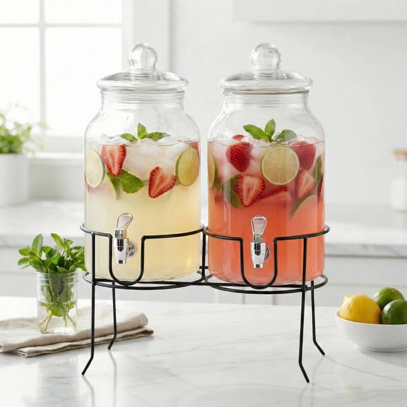 Rustic Home Beverage Dispenser Set/2 With Black Metal Stand