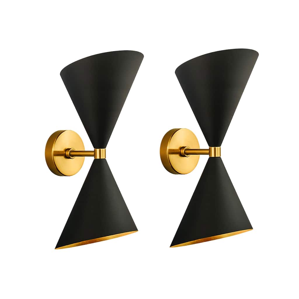 Set of 2 Industrial Black Dual Cone Wall Sconce 2-Light Modern Hourglass Adjustable Head Bathroom Vanity Light