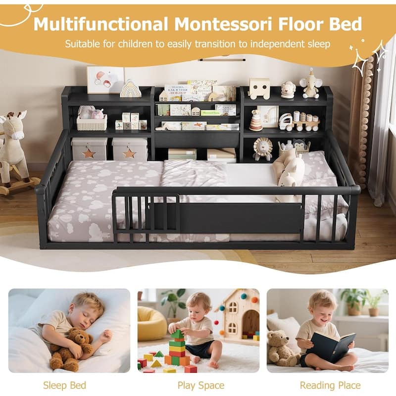 Twin Floor Bed for Kids with High Fence Door Storage Bookcase & Shelf