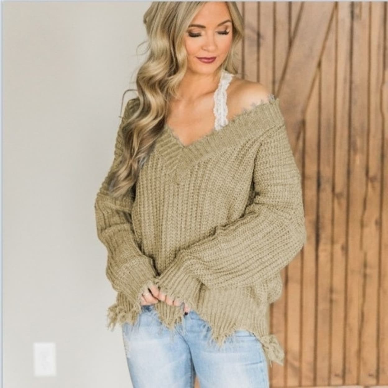 Ladies Deep V Neck Fringed Sweater