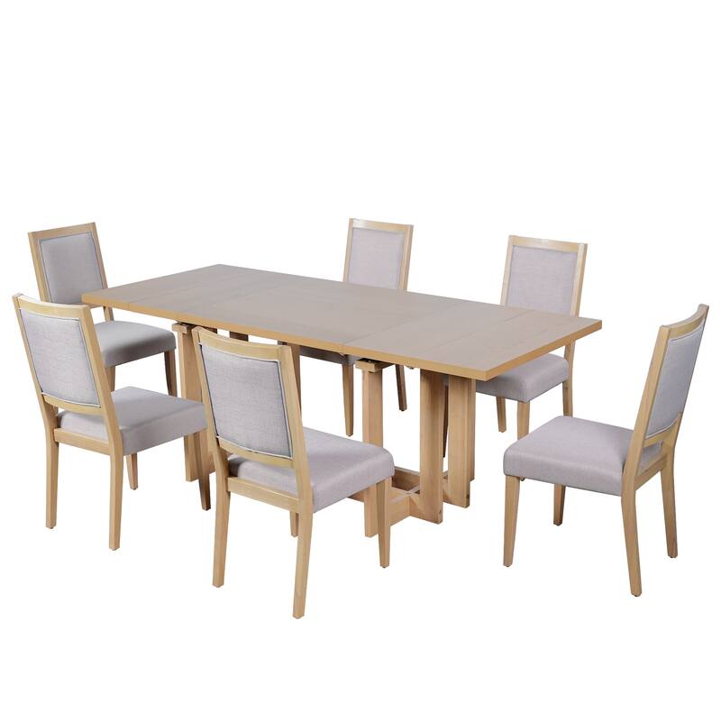82" Rustic Extendable Dining Table Set: 7-Piece Trestle Table with 6 Upholstered Chairs & 2 Removable Leaves