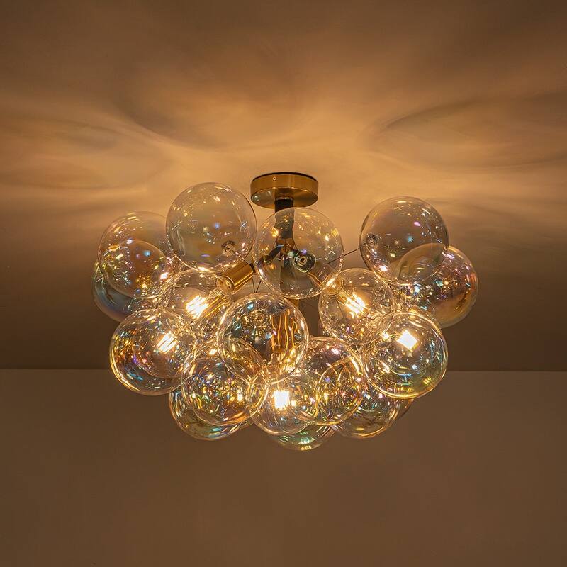 Modern Pearlescent Bubble Glass Semi Flush Mount Light 24.8 in Brass
