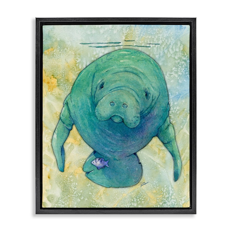 Stupell Green Manatee Underwater Framed Floater Canvas Wall Art Design by Steve Vanderbosch