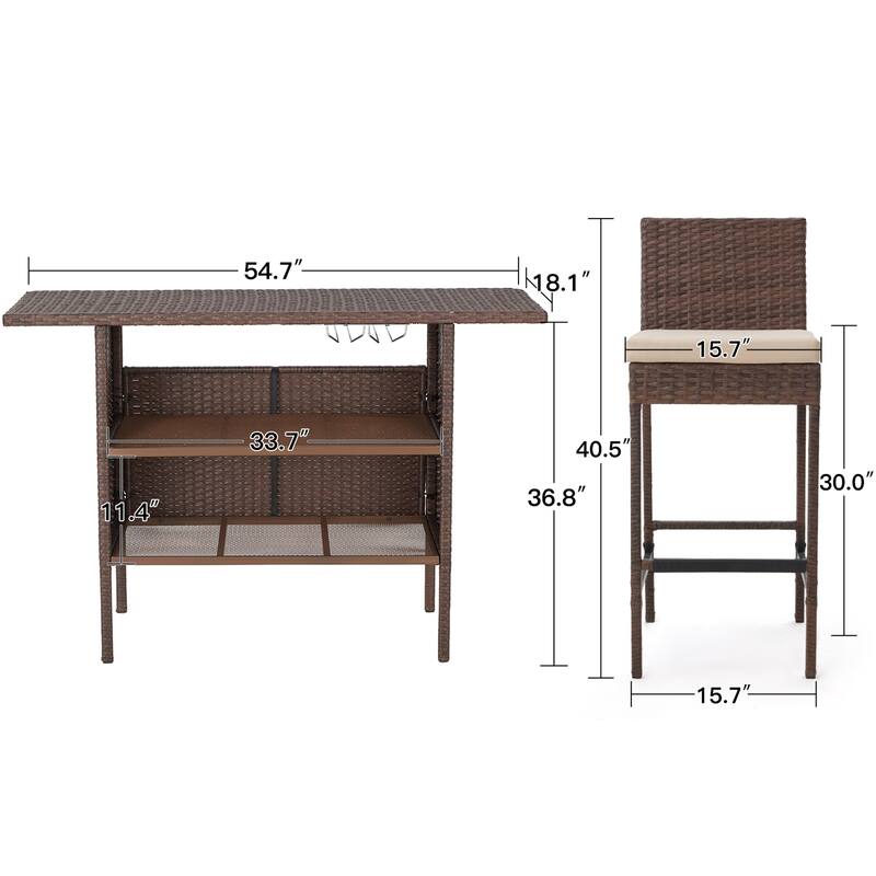 AVAWING 3PCS Patio Bar Set Outdoor Rattan Bar Set with Removable Cushion