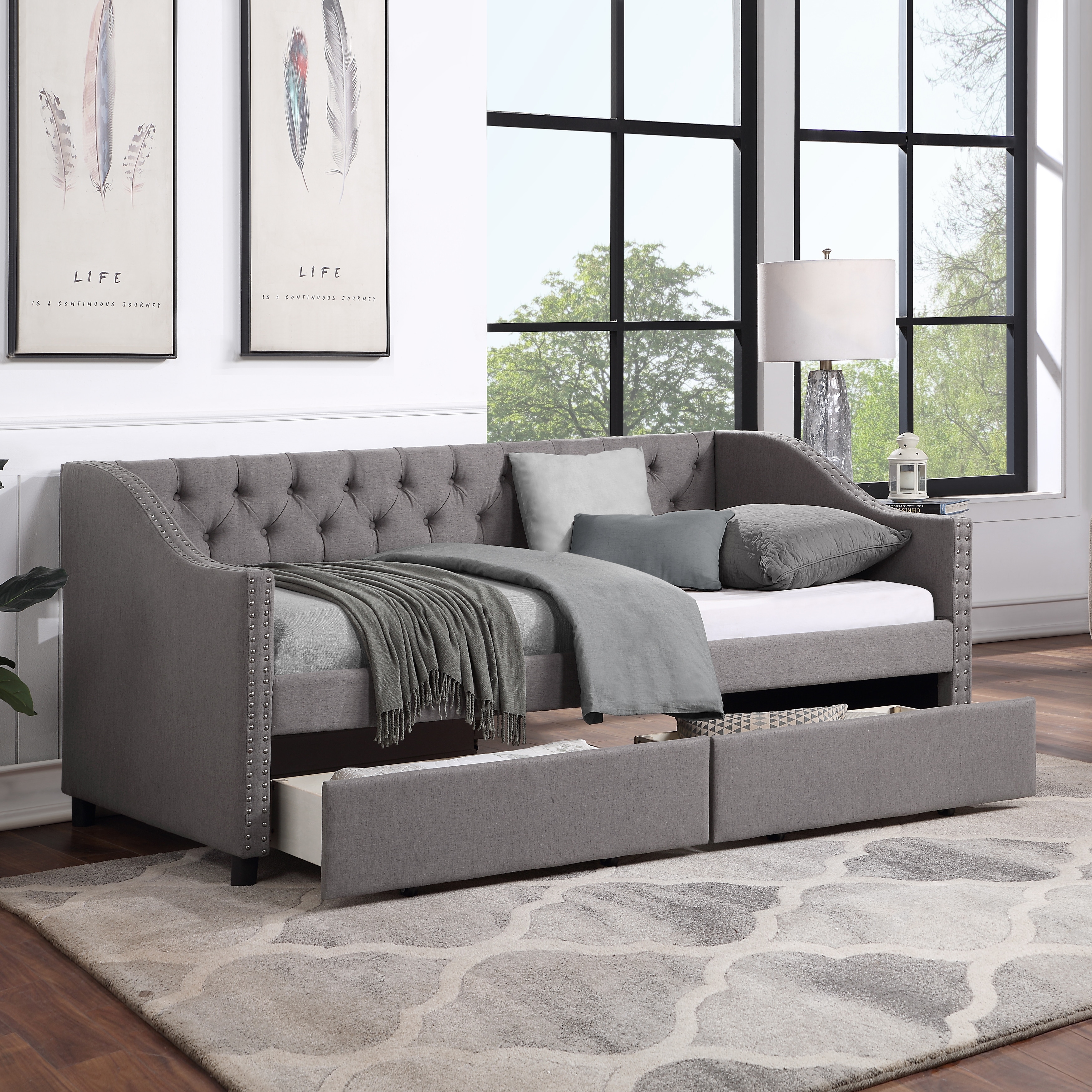Roomfitters Twin Upholstered Daybed with 2 Storage Drawers, Diamond Tufted Linen Fabric, Grey