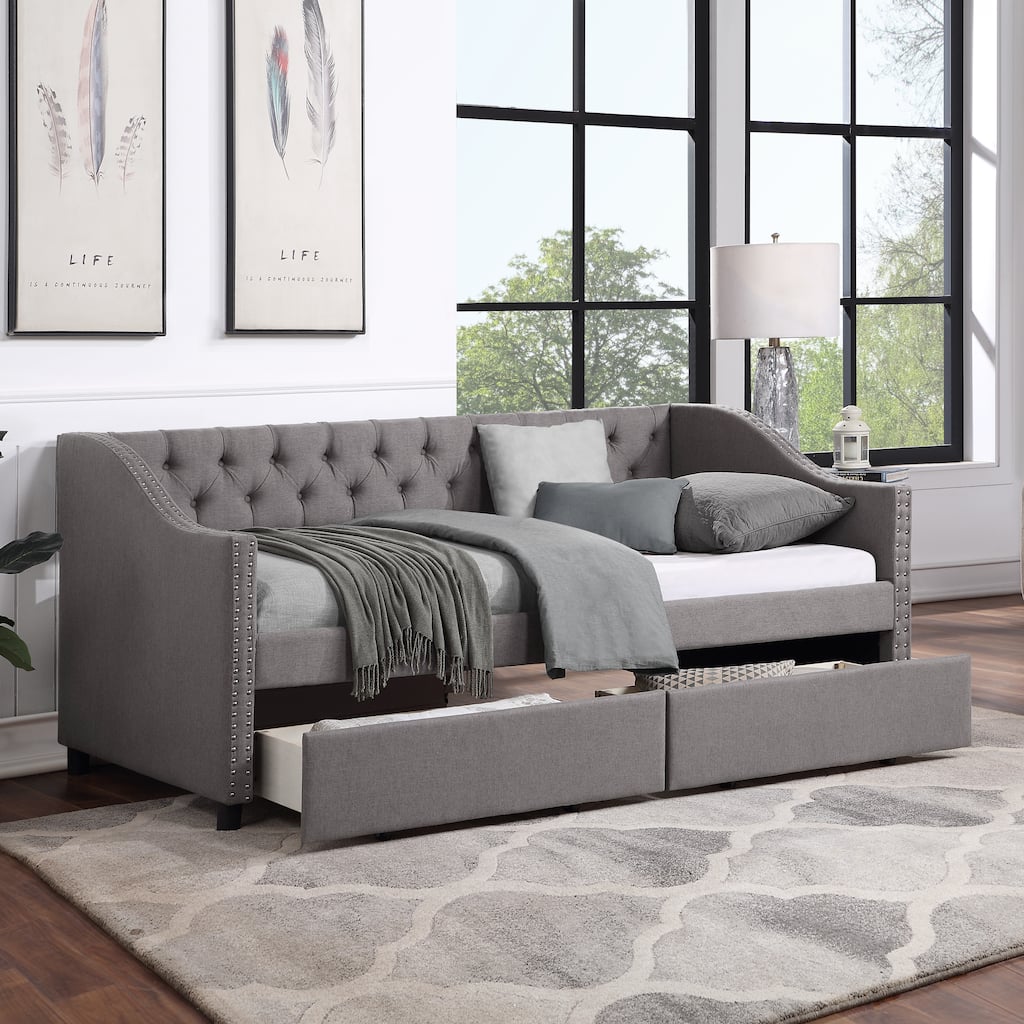 Upholstered Twin Size Platform Bed Frame with Drawers & Slat Support