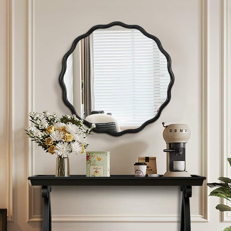 Mia Solid Wood Wavy Round Wall Mirror with HD Reflection and Artistic Frame Design by GDFStudio