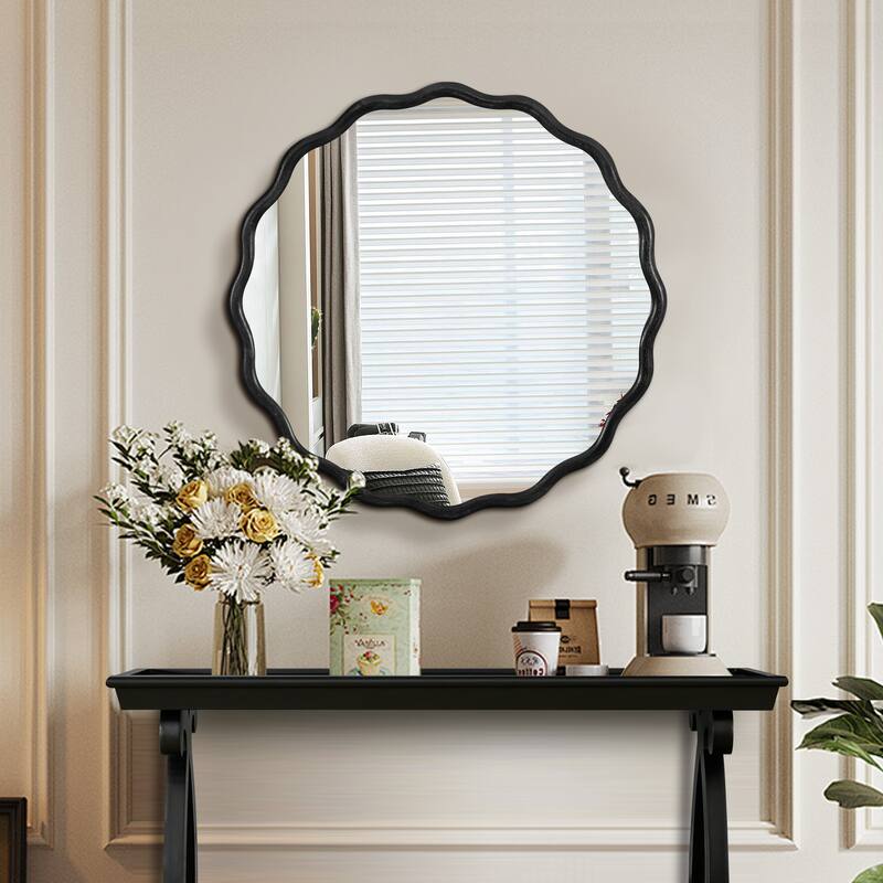 Solid Wood Wavy Frame Wall Mirror - 31" Round Farmhouse Design for Home Décor and Modern Spaces - Black
