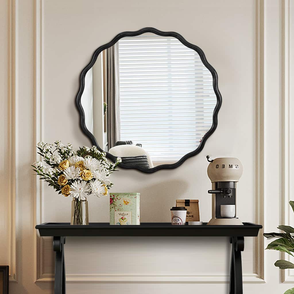 Solid Wood Wavy Frame Wall Mirror - 31" Round Farmhouse Design for Home Décor and Modern Spaces