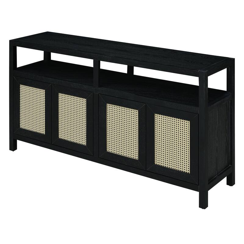 Rattan 4 Door Sideboard Cabinet, Large Wood Storage Cabinet, Console Table with Adjustable Shelves for Living & Dining Rooms