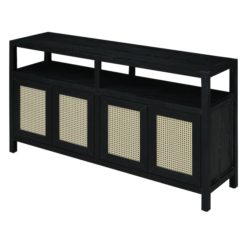 Roomfitters Bohemian Rattan Buffet Cabinet with Solid Wood Frame, Sideboard with Adjustable Shelves, Push-to-Open Design
