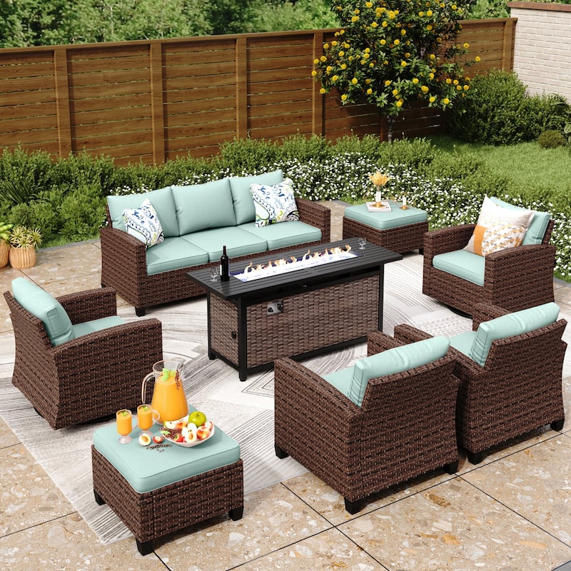 7/9-Seat Patio Furniture Wicker Rattan Outdoor High-back Sectional Sofa Conversation Set with Firepit Table - 9-Seat Swivel Set+56''Firepit - Lake Blue